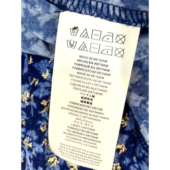 Michael Kors Blue & Gold Zipper Mock Neck Keyhole Flowered Shirt Womens Sz Large - Picture 11 of 11